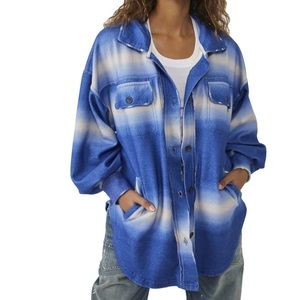 Free People Shacket Printed Ruby Jacket in Deep Sea Combo Sz L NWT Blue & White